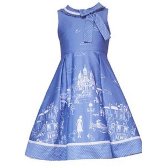 Rare Editions Vintage Pleated Polished Paris Blues Print Dress 10 Little Girl - Picture 1 of 9